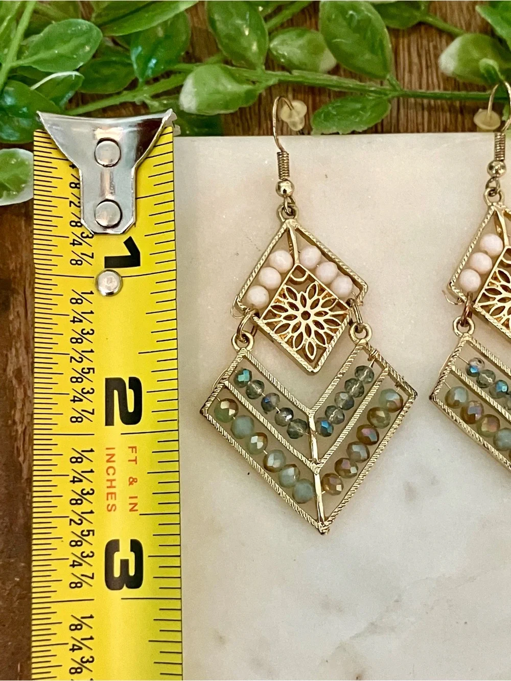 Gold-Tone Chevron Drop Earrings with Green and Pink Accents Boho dangle